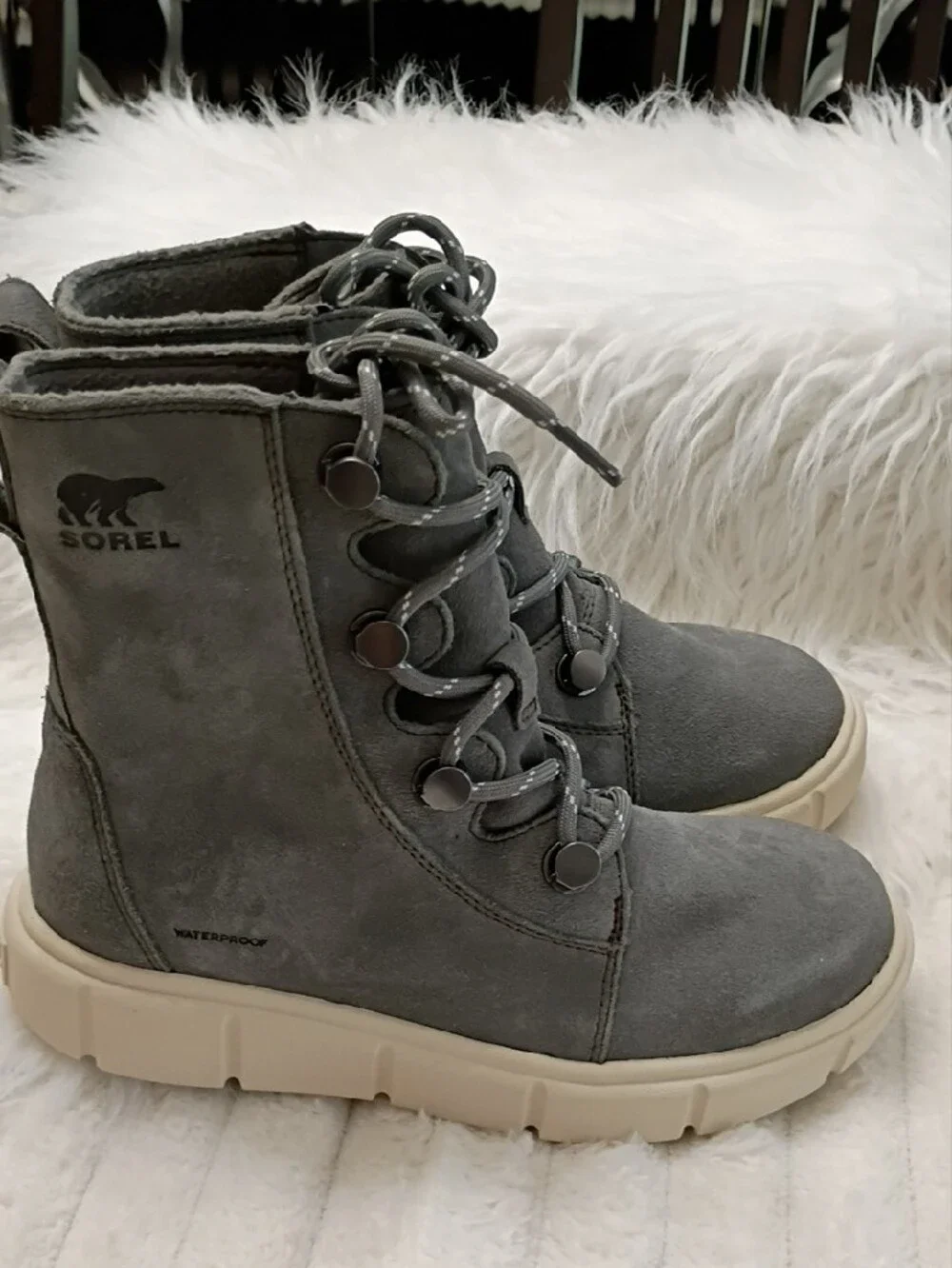 Sorel Gray Explorer III Joan Suede Waterproof LaceUp Waterproof Boots Cream Sole